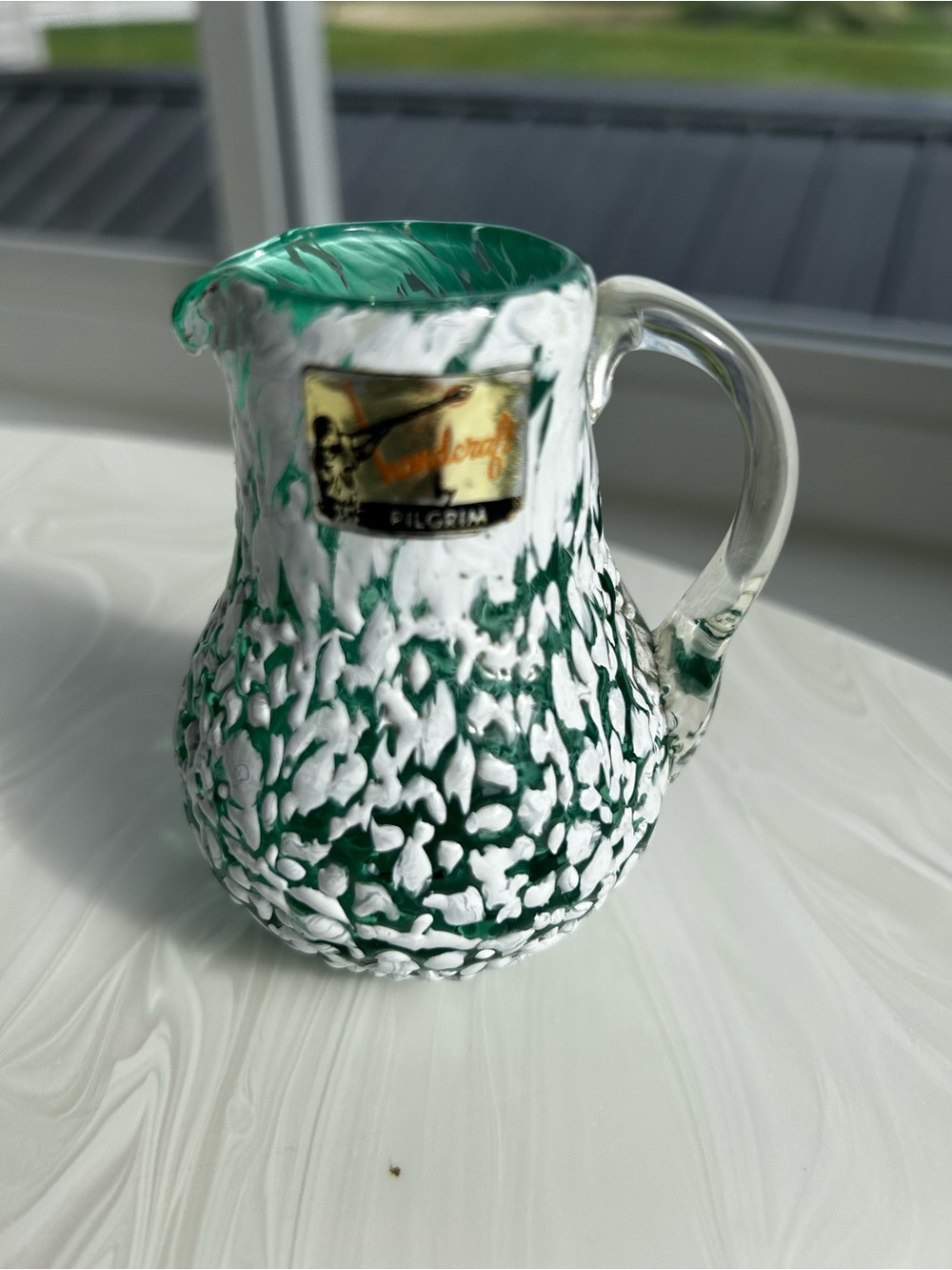Handcrafted Hand Blown PIlgrim Glass Green White Splatter Mini-pitcher Creamer